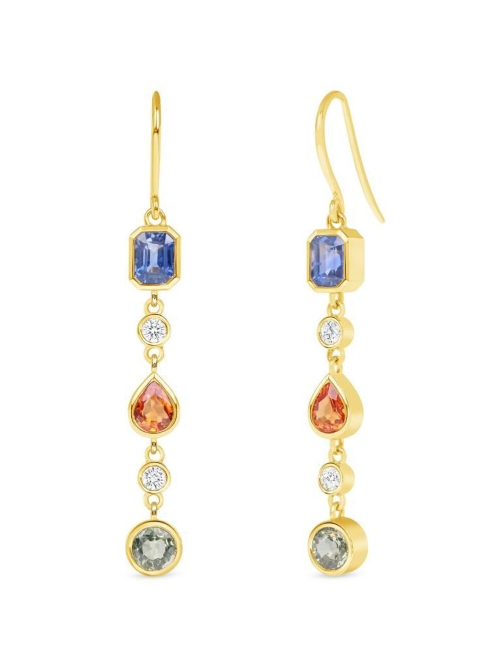 14K Yellow Gold 3.33 CT Multicolor Sapphires and 0.20 CT Diamond Dangle Earrings